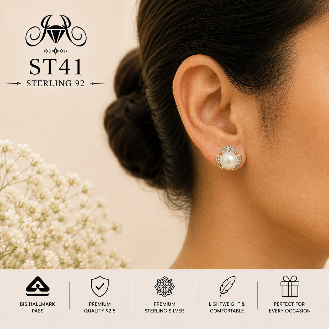 Pearl Halo Crown 925 Sterling Silver Stud Earrings ST41 wearing view