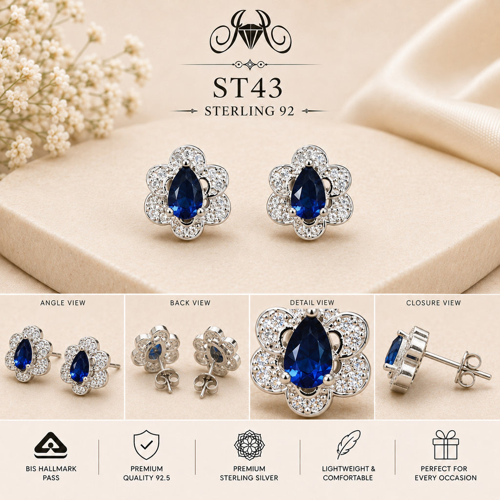 Blue Teardrop Floral Halo 925 Sterling Silver Stud Earrings ST43 details