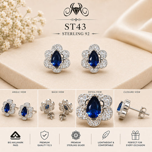 Blue Teardrop Floral Halo 925 Sterling Silver Stud Earrings ST43 details
