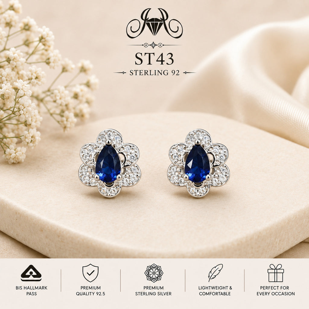 Blue Teardrop Floral Halo 925 Sterling Silver Stud Earrings ST43 portrait