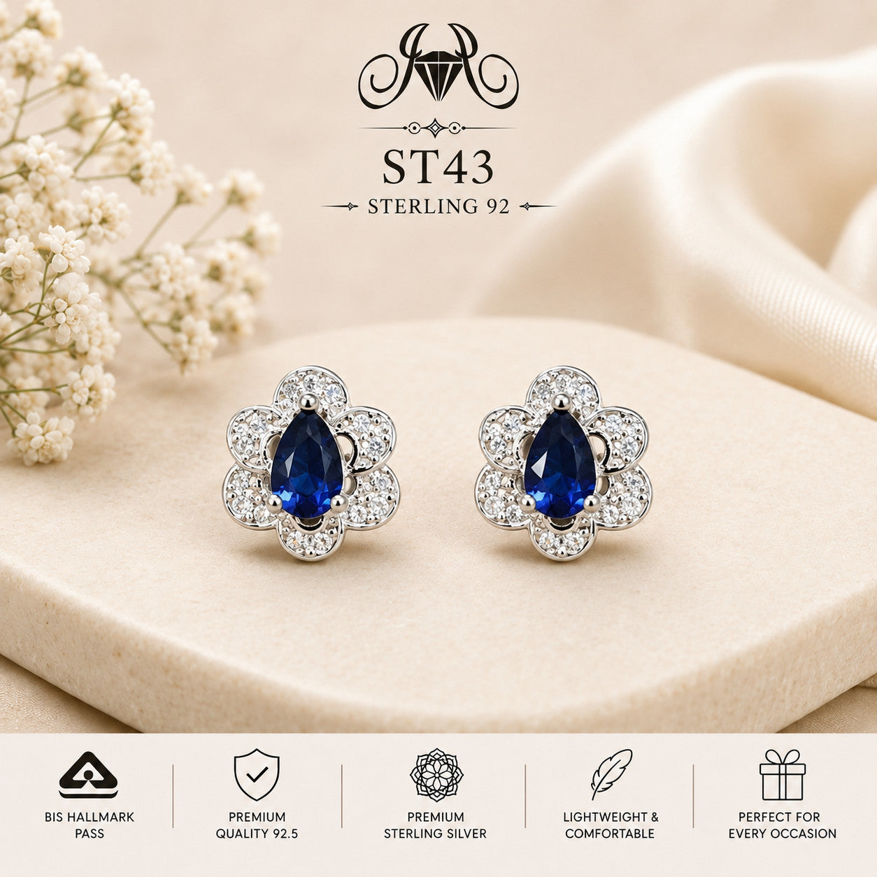 Blue Teardrop Floral Halo 925 Sterling Silver Stud Earrings ST43 portrait