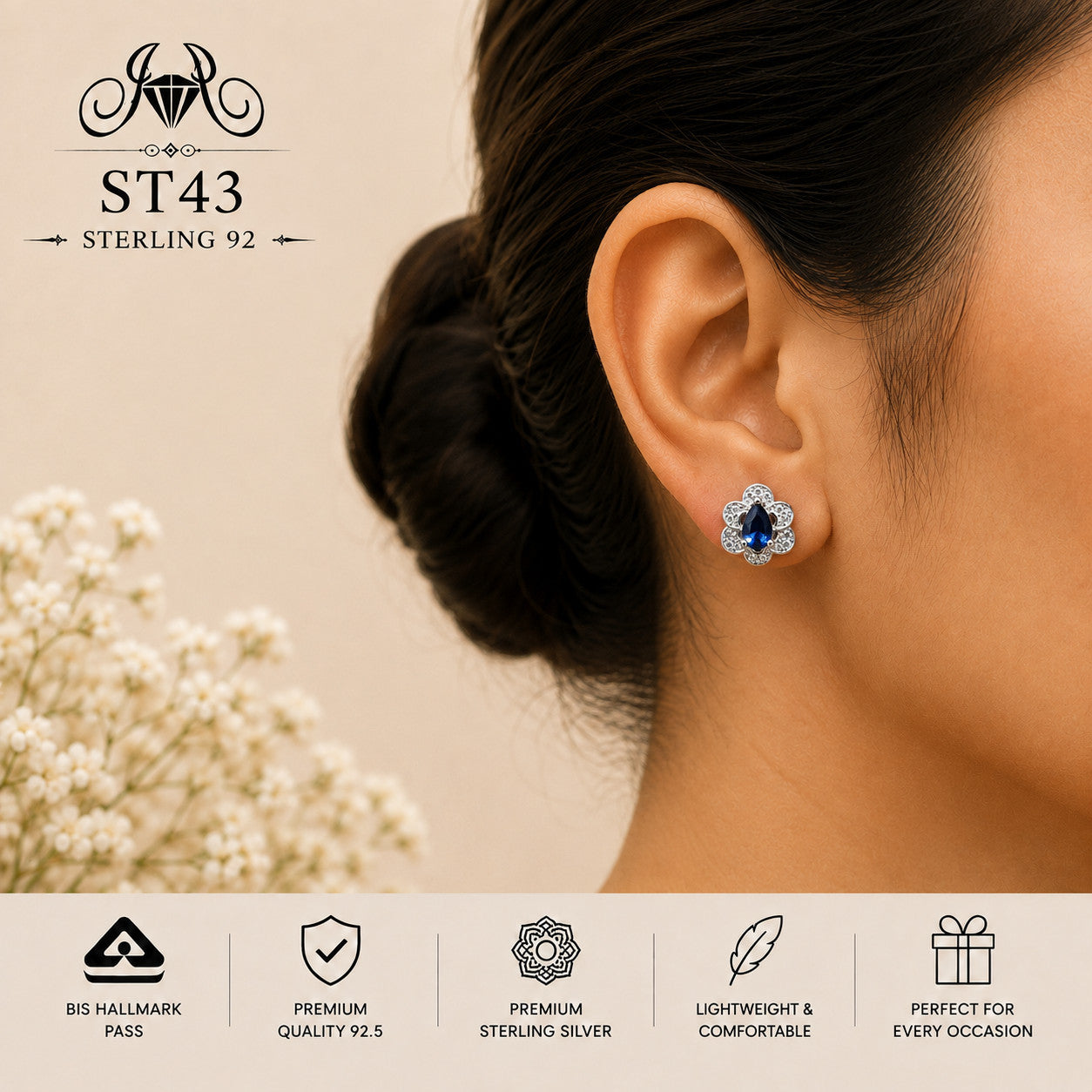 Blue Teardrop Floral Halo 925 Sterling Silver Stud Earrings ST43 wearing view
