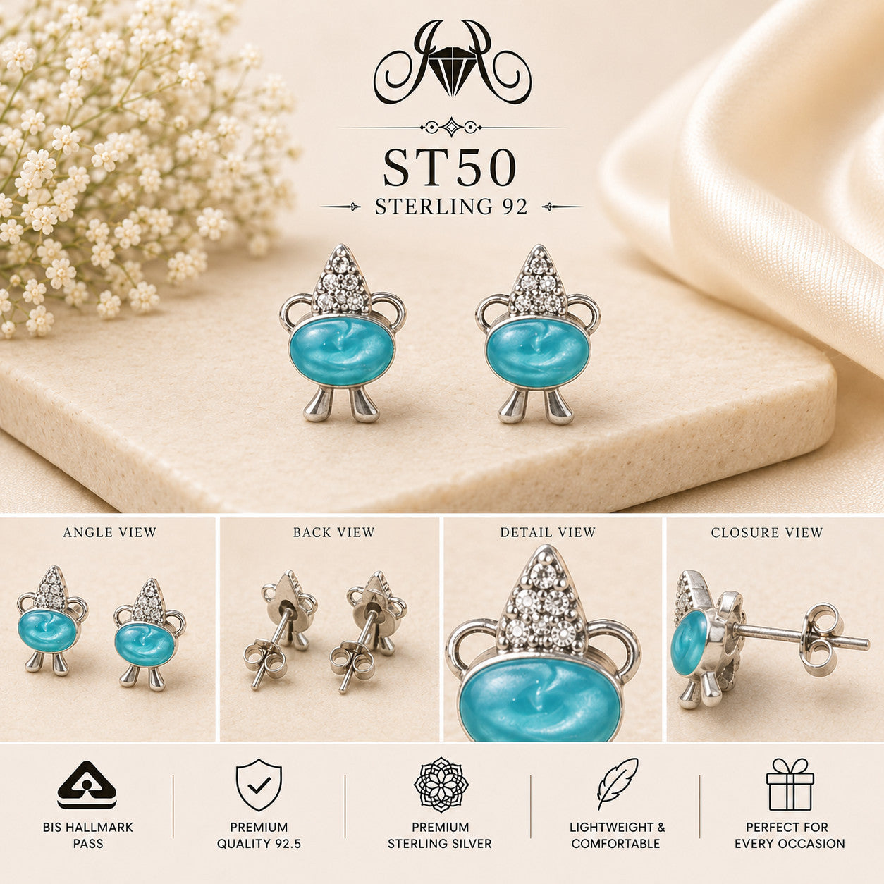 Turquoise Turtle 925 Sterling Silver Stud Earrings ST50 details