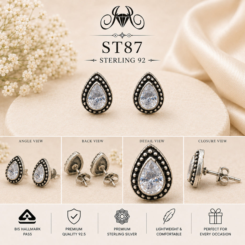 Black Teardrop Halo 925 Sterling Silver Stud Earrings ST87 details