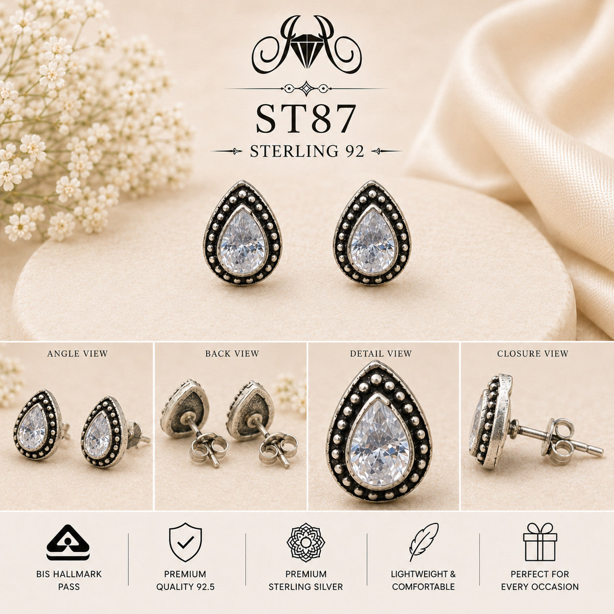 Black Teardrop Halo 925 Sterling Silver Stud Earrings ST87 details