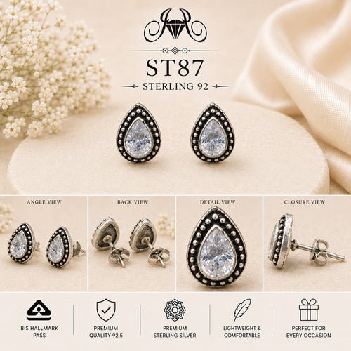 Black Teardrop Halo 925 Sterling Silver Stud Earrings ST87 details