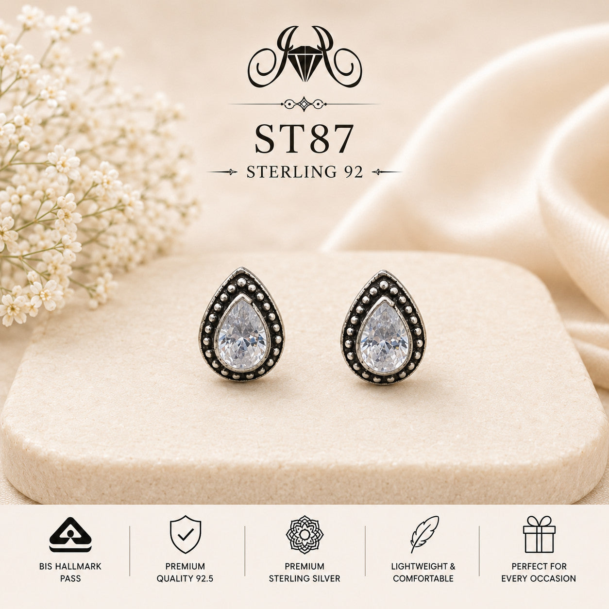Black Teardrop Halo 925 Sterling Silver Stud Earrings ST87 portrait
