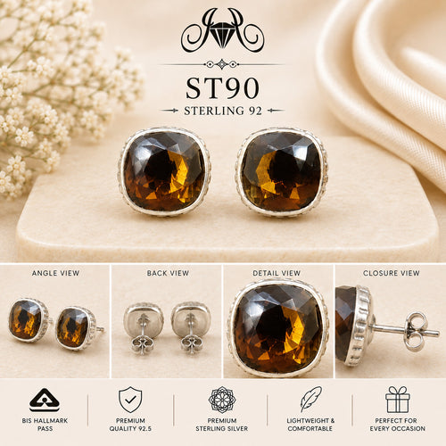 Amber Square 925 Sterling Silver Stud Earrings ST90 details