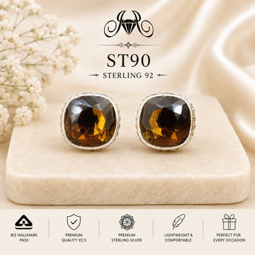 Amber Square 925 Sterling Silver Stud Earrings ST90 portrait